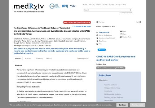 No Significant Difference in Viral Load Between Vaccinated and Unvaccinated, Asymptomatic and Symptomatic Groups Infected with SARS-CoV-2 Delta Variant | medRxiv