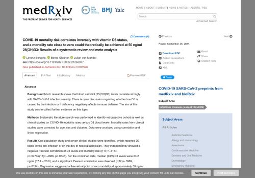 COVID-19 mortality risk correlates inversely with vitamin D3 status, and a mortality rate close to zero could theoretically be achieved at 50 ng/ml 25(OH)D3: Results of a systematic review and meta-analysis | medRxiv
