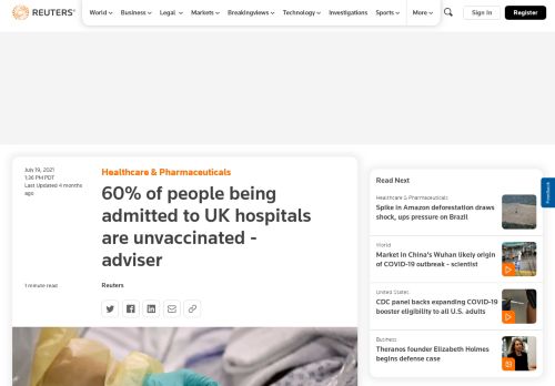 60% of people being admitted to UK hospitals are unvaccinated - adviser | Reuters