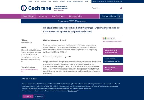 Do physical measures such as hand-washing or wearing masks stop or slow down the spread of respiratory viruses? | Cochrane
