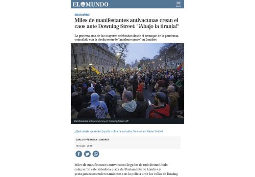 Miles de manifestantes antivacunas crean el caos ante Downing Street: "¡Abajo la tiranía!" La protesta, una de las mayores celebradas desde el arranque de la pandemia,