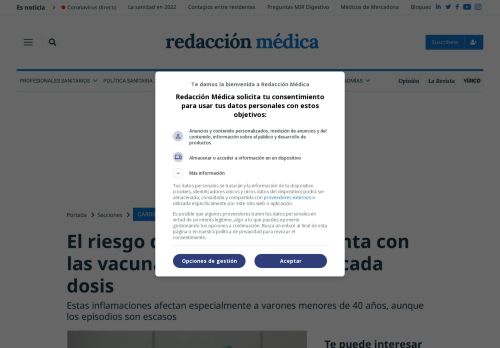 El riesgo de miocarditis aumenta con las vacunas ARNm y crece en cada dosis Estas inflamaciones afectan especialmente a varones menores de 40 años.